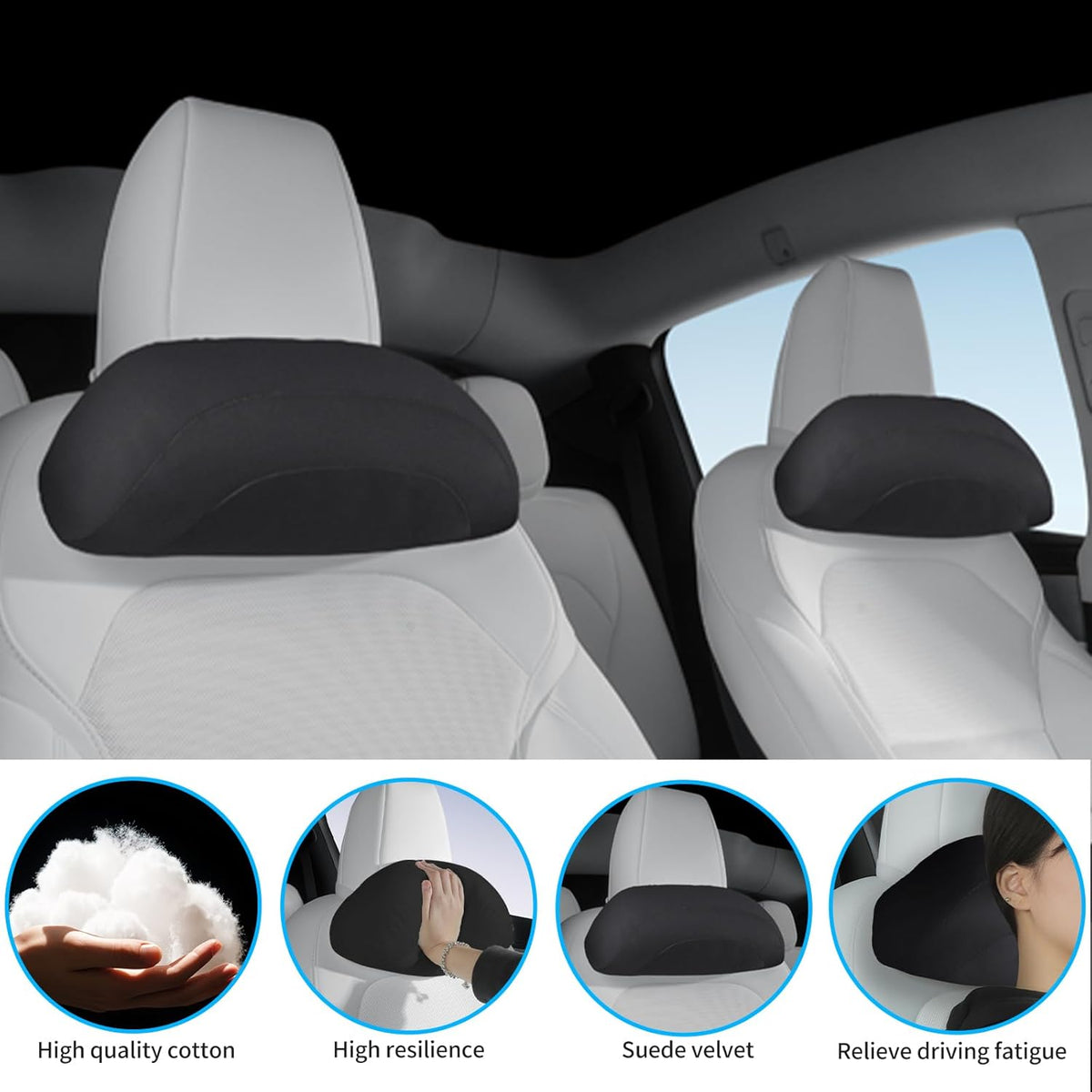 Car Headrest Pillow for Driving, Softness Ergonomic Design Universal Travel Neck Pillow for Most Cars, Office Chairs, Gaming Chairs with Extra Filler Cotton Bag (Black, 2PC)