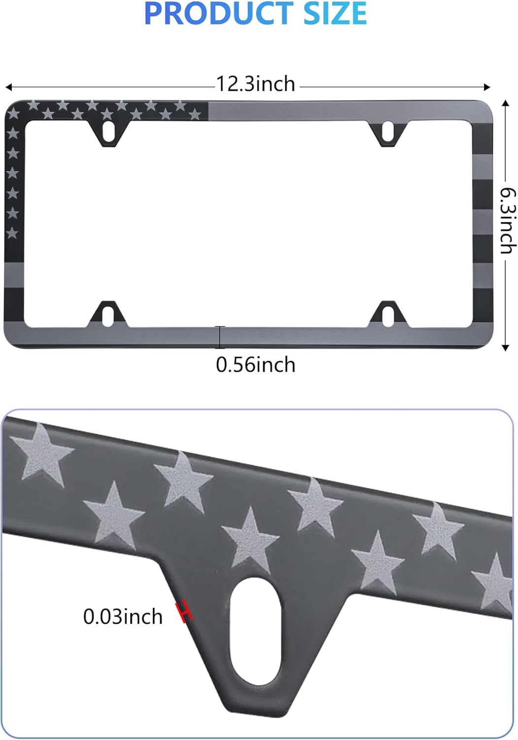 American Flag License Plate Frames - 2 Pack Black Stainless Steel Front Rear Car Tag Frames Printed with Patriotic USA Flag Pattern, with Decals Screws Caps