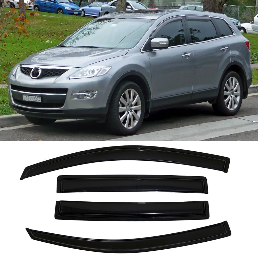 94143 Side Window Visor Wind Vent Deflector fit for 2007-2015 Mazda CX9,4pcs Dark Smoke Nice Looking Outside Mount Style Tape On Sun Rain Guards Set
