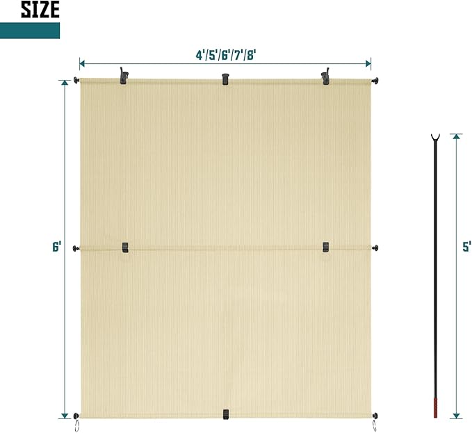 Bynbbur 6'W x 9.5'H Outdoor Patio Shades Foldable Roller Blinds, 220 GSM Sun Shade Roll Up Porch Screens Exterior Shade Cloth for Deck Pergola Backyard, Beige