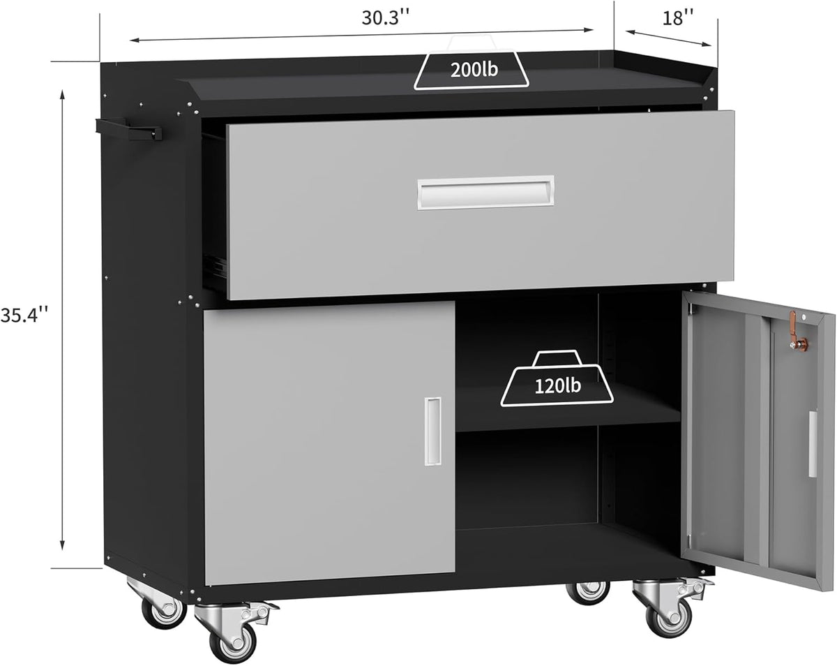 Garage Metal Storage Cabinet for Garage with Adjustable Shelves Wheels, Rolling Tool Chest, Assembly Required, Warehouse, Basement, Tool Room (Gray), Grey
