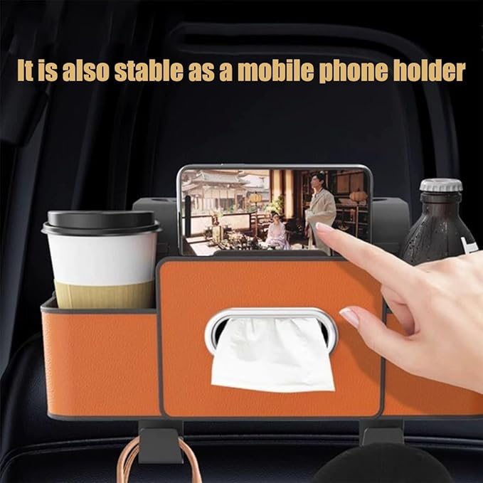 Car Multifunctional Seat Back Waterproof Storage Bag, Multifunctional & Waterproof Car Back Seat Organizer with 2 Cup Holders&Hooks, Hanging Storage Box for Most Cars (brown)