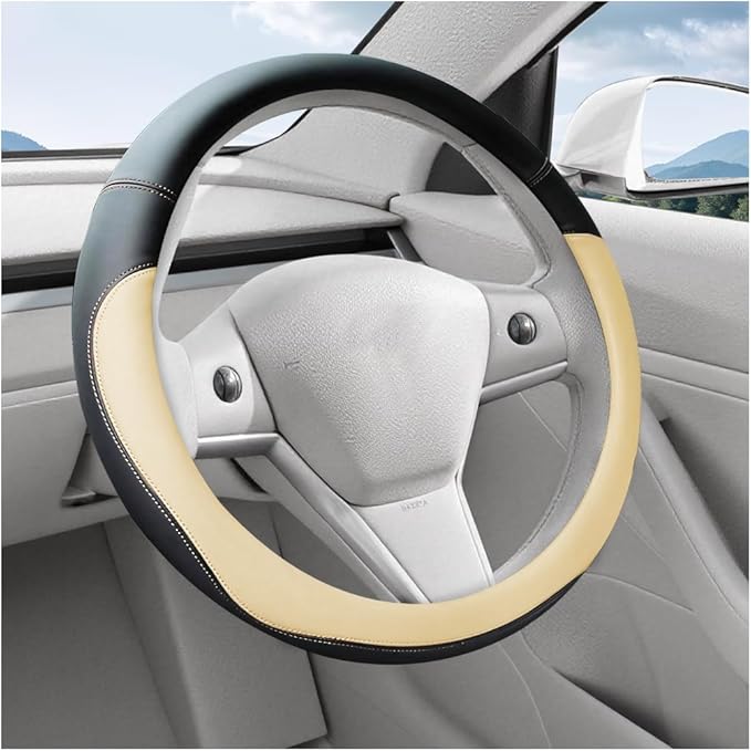 Car Steering Wheel Cover, 15 Inch Leather Anti-Slip Breathable Vehicle Steering Wheel Protecter with Comfortable Feel, Automotive Interior Accessories, Universal for SUV Sedan Truck (Beige)