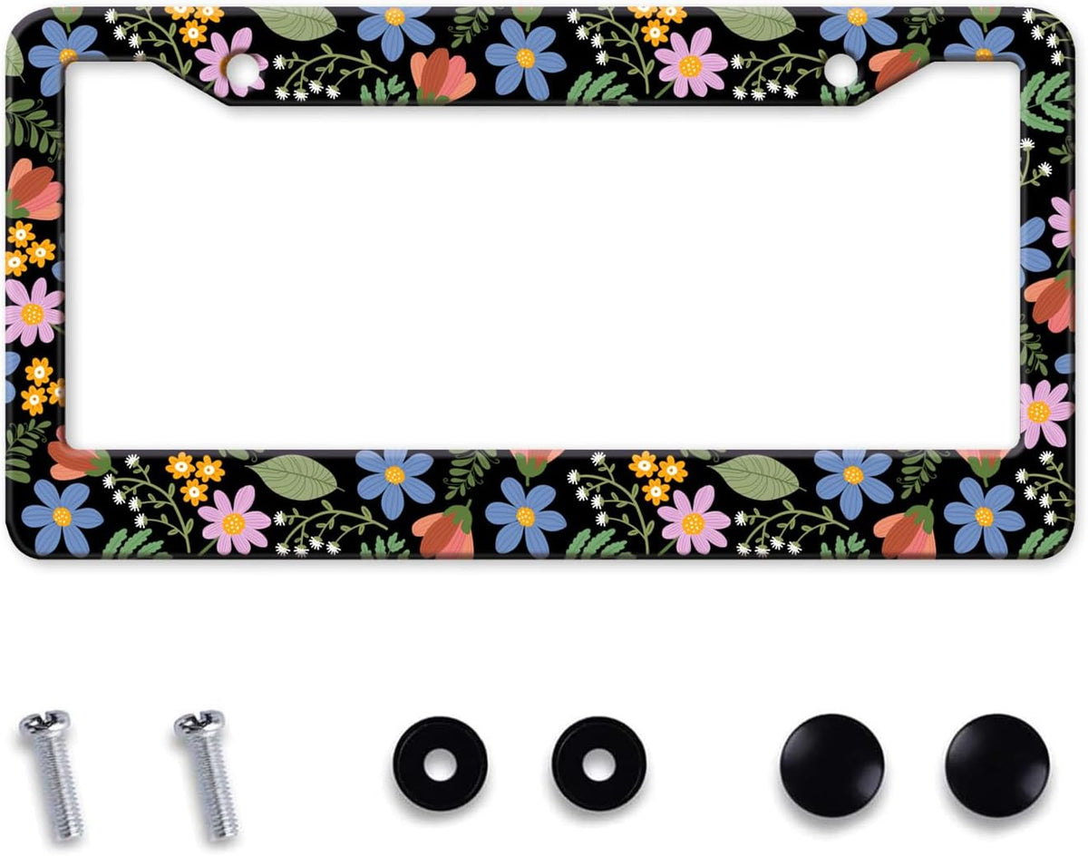 Florals License Plate Frame for Women, Blue Flowers License Tag Frames Holder Covers, Metal Aluminum Rustproof Car Accessories for Us Canada Standard, Girly Car Decorative with 2 Holes and Screw Caps