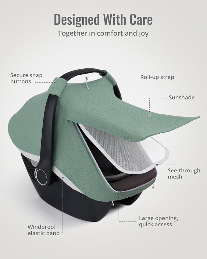 Blissful Diary Baby Car Seat Cover, Extra Large Mesh Window, Breathable Muslin Cotton, Infant Windproof Canopy, Must-Have Baby Gift - Roman Green