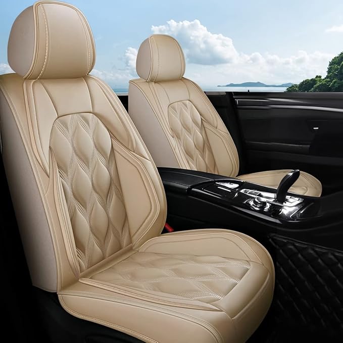AOMSAZTO Car Seat Covers Fit for Ford Focus 2009-2018 Front Set Leather Automotive Cushion Cover Seat Protector Airbag Compatible Waterproof (2Seats,Beige)
