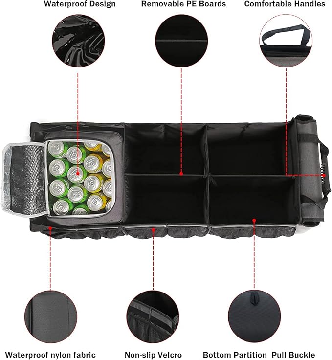Large Trunk Organizer with Portable Leakproof Cooler Bag,Foldable Cover,Adjustable Securing Straps,Collapsible Trunk Organizer for Suv Car Truck Sedan (4-in-1 with Cooler)