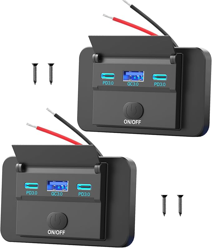 2 Pack 12V USB Outlet Surface Mount Lightweight, Dual USB C 30W and QC 18W Car USB Port 12 Volt USB Cigarette Lighter Replacement Charger Socket Panel with Button Switch for RV Bus Marine Motorcycle