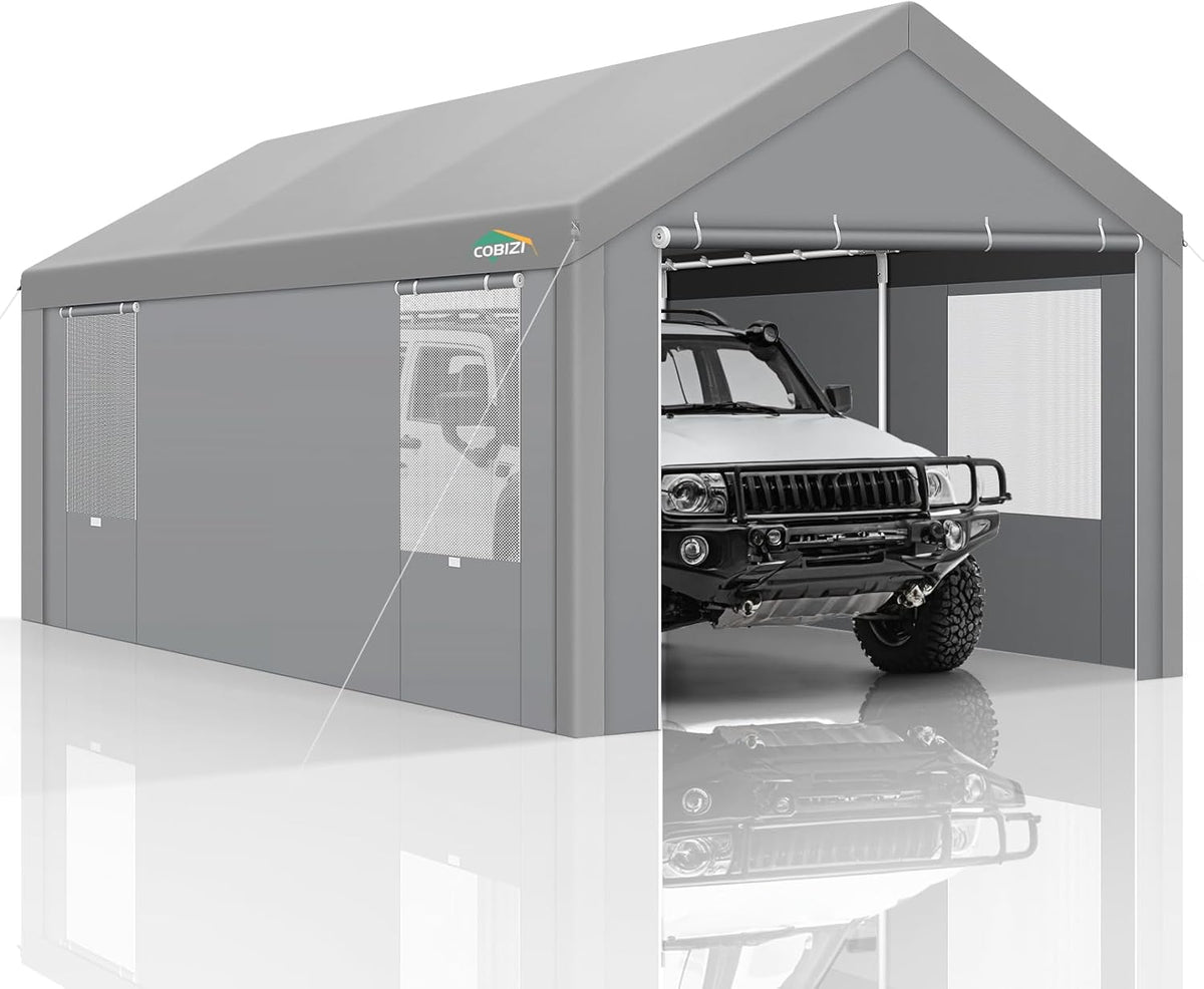 COBIZI Carports 10x20 Heavy Duty Car Canopy Garage with Removable Sidewalls & Doors, Galvanized Frame Portable Carport Canopy with Built-in Sandbags & All-Season Tarp for Car Boat Truck, Gray