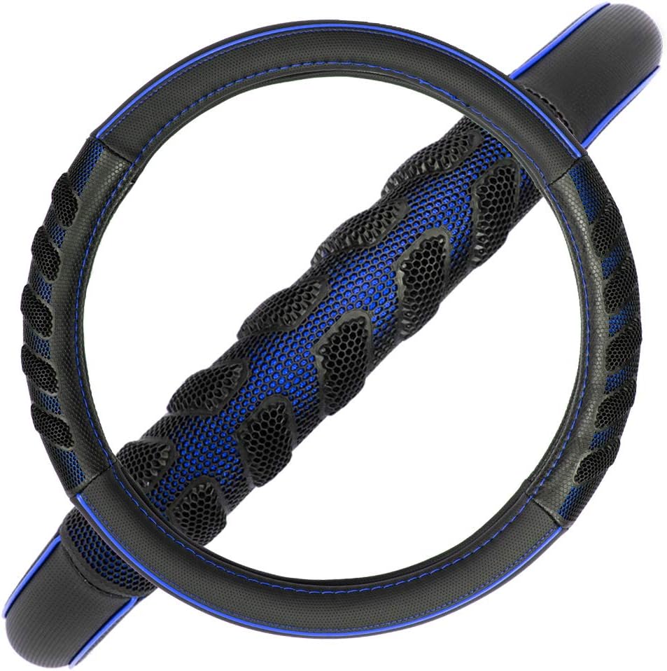 Flying Banner car Steering Wheel Cover Faux Leather Massage Universal fit 3D Honeycomb Hole Anti-Slip Sporty 15 Inches (Blue Black)