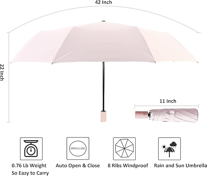 BAODINI Small UV Protection Travel Umbrella Compact for Rain and Sun UPF 50+ Windproof Portable 42 inch Umbrella for Women and Men