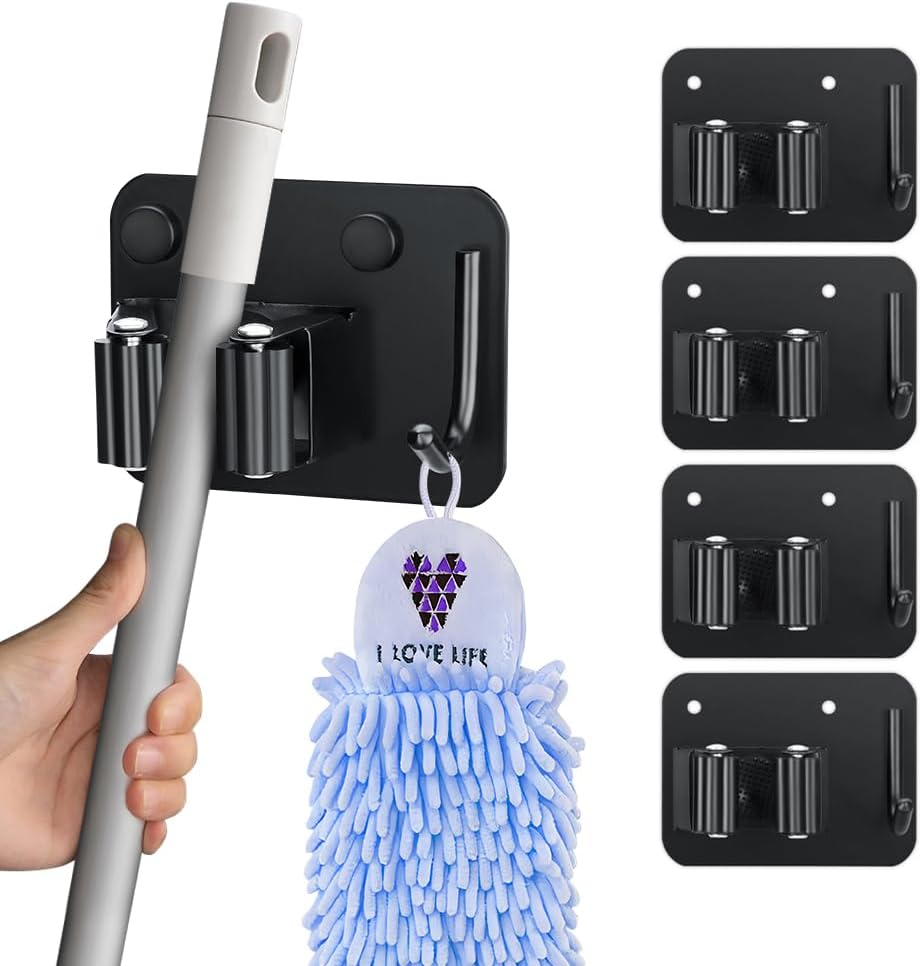 4-Pack Broom Holder with Heavy Duty Hooks, Upgraded Stainless Steel Mop Hanger. Wall Mount Utility Tool Rack for Kitchen Garden Laundry Garage. Matte Black.