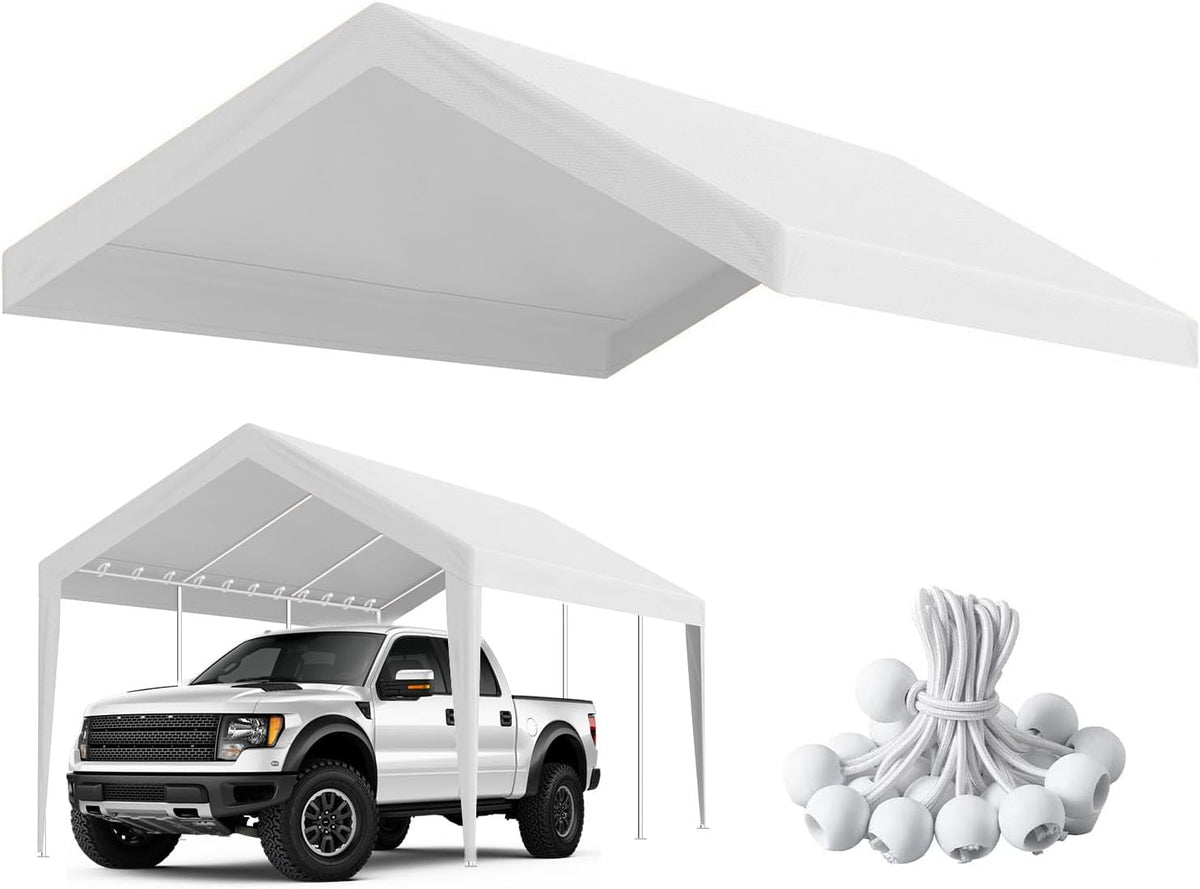 10'x20' Canopy Replacement Cover, Beefull Carport Replacement Canopy for Car Garage, Waterproof & UV Protected Tarp with Ball Bungees, White (Frame is not Included)