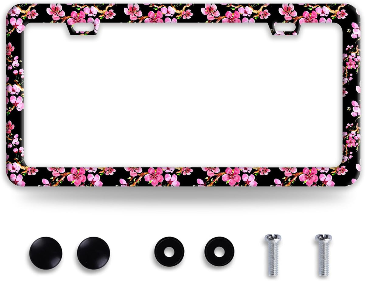 Cherry Blossom License Plate Frame Pink Flowers License Plate Frames Funny Stainless Steel Accessories Cars Decor with 2 Holes and Screws Fits Standard Us Ca Vehicles License Plate Holder 12.2 X 6 in