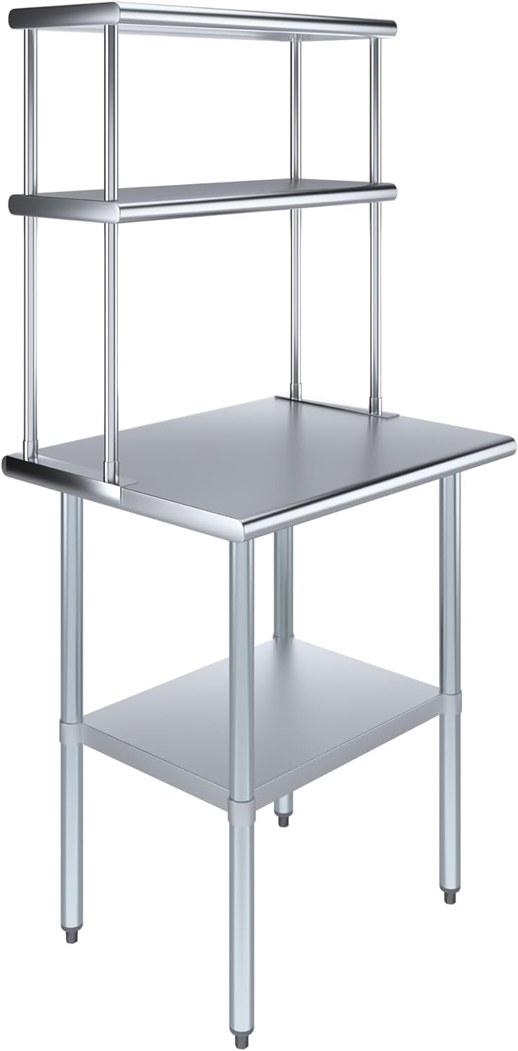 Amgood Stainless Steel Work Table Double Tier Overshelf | Metal Kitchen Prep Table & Shelving Combo (24" x 30" Work Table + 12" Overshelf)