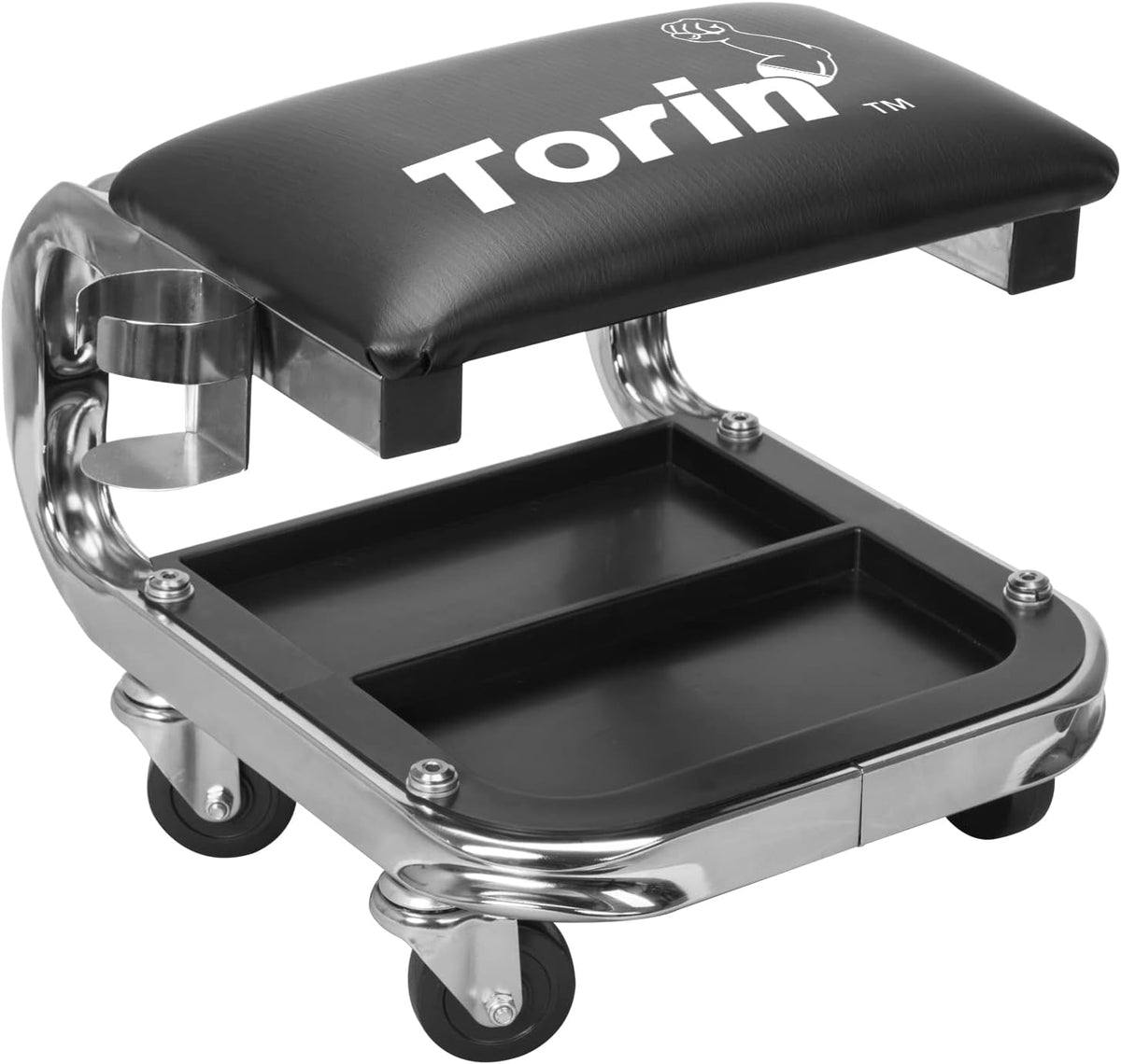 Torin AR7451B Heavy Duty Rolling Creeper Garage/Shop Seat: Padded Mechanic Stool with Tool Tray Storage and Cup Holder, Black