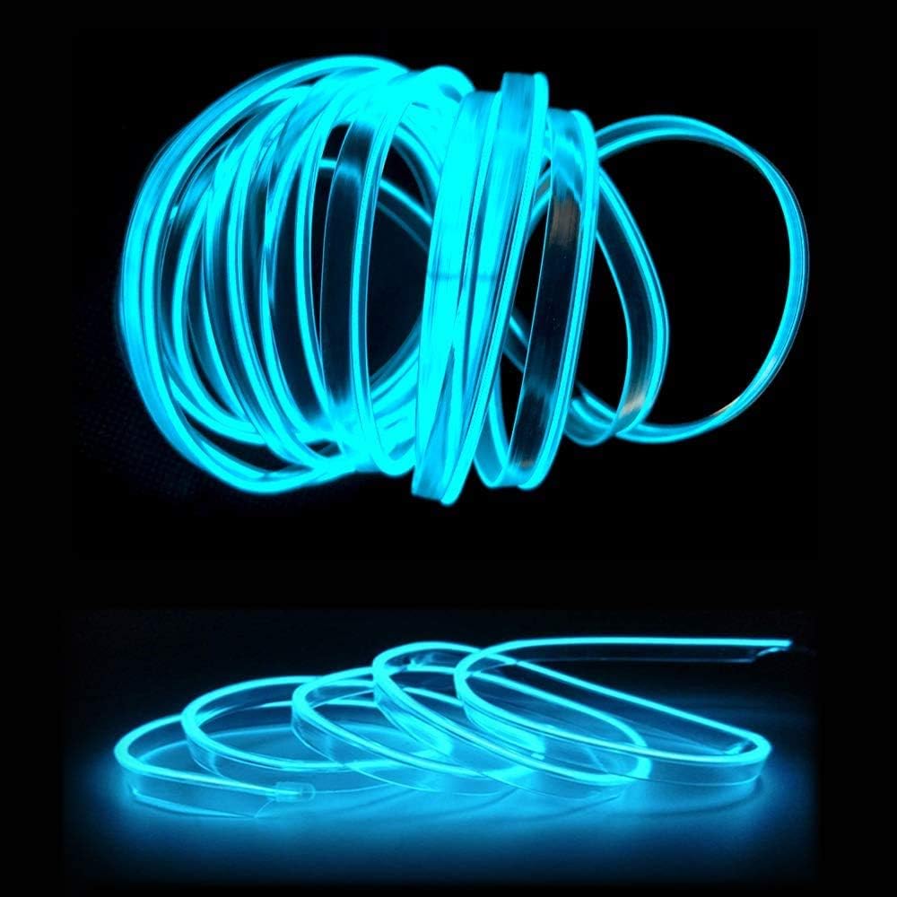 El Wire Ice Blue Interior Car LED Strip Lights, 10M Neon Wire USB 5V with Fuse Protection for Automotive Interior Decoration, with 6mm Sewing Edge