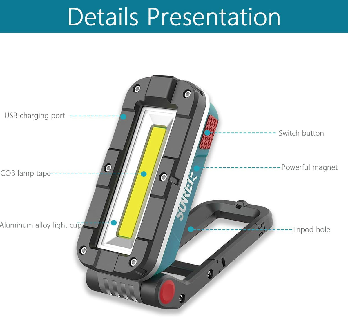 SUNREI LED Rechargeable Magnetic Work Lights COB Mechanic Lights,1100 Lumens, Magnetic Base & Hanging, 7Mode, Magnetic Flashlight Job Site & Security for Car Repair, Emergency, Gift for Men