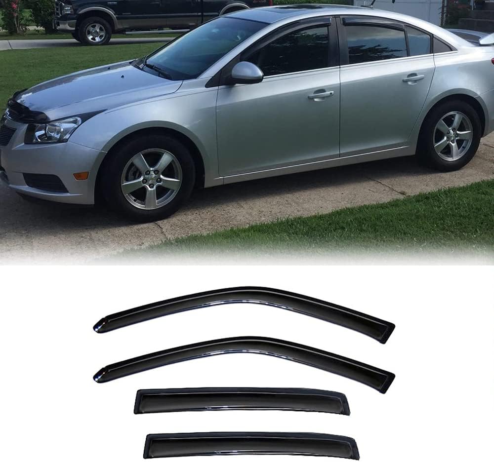 Side Wind Deflector Window Visors fit for 2011-2015 Chevrolet Cruze & 2016 Cruze Limited, 4pcs Out-Channel Tape-On Dark Smoke Nice Sun Rain Guards Set 94611