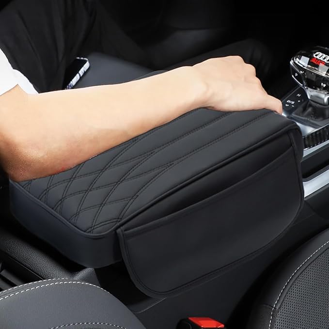 Upgrade Car Console Armrest Pad with Storage Pocket,Comfortable Memory Foam Car Armrest Cushion,Premium PU Leather Car Armrest Cover,Universal Fit for Most Vehicles,Car Accessories(Black)