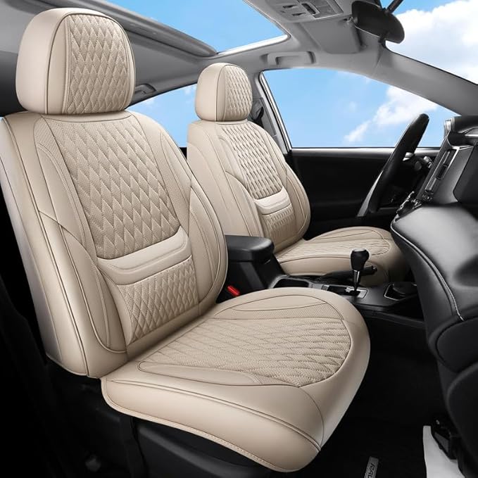 Front Seat Car Seat Covers Custom Fit for Ford Focus 2000-2018 - Premium Faux Leather with Lumbar Support | Breathable, Waterproof, Anti-Slip, Durable (Beige,Front Seat)
