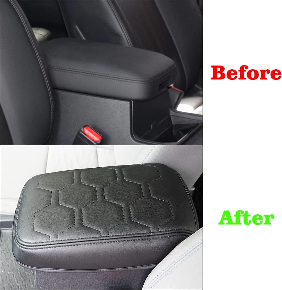 Muslogy for Frontier Center Console Pad Armrest Box Cover Vegan Leather Soft Accessories Armrest Lid Protector Compatible with Nissan Frontier 2022-2024 2025 (Regular Thick, V1 Black Stitching)