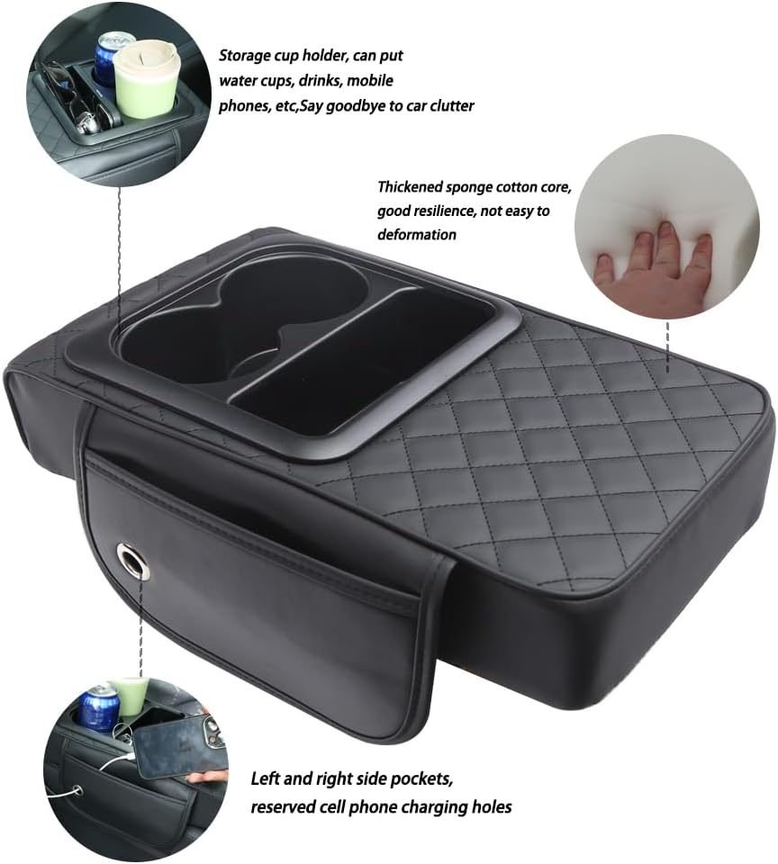 Universal Car Armrest Cushion Organizer - PU Leather Center Console Pad with Cup Holder, Phone Storage & Side Pockets, Multifunctional Armrest Cover for Most Vehicles
