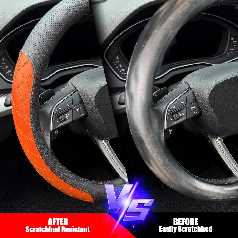LKWLIKEI Nappa Leather Steering Wheel Cover, Diamond Checkered Design, Non-Slip wear-Resistant, Enhance Driving Comfort, Suitable for Steering Wheel Diameter 14 1/2‘-15’ Models.Black Orange