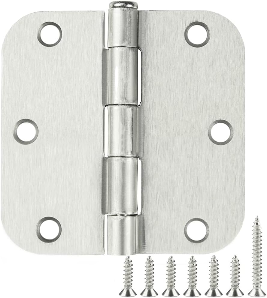 6 Pack Rounded Brushed Nickel Door Hinges 3.5 x 3-1/2" Inch, 5/8" Radius Interior Hardware 3 ½"Cottage Flat Bungalow Mobile Home Skyscraper Indoor Hinge for Doors Use Renovate Bedroom Kitchen