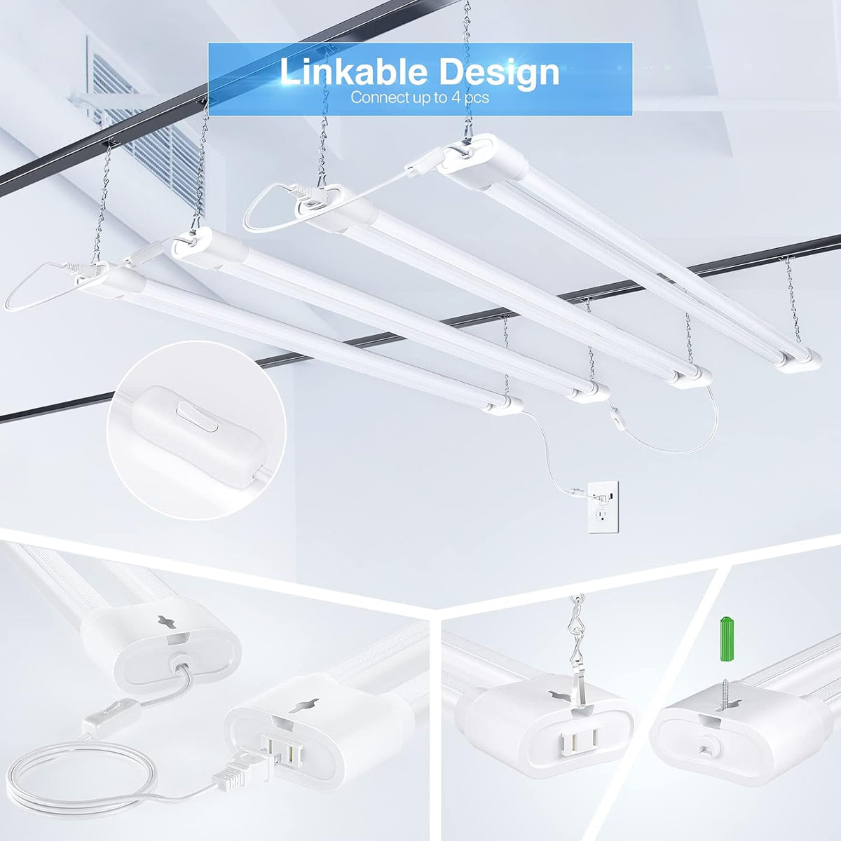 Ensenior 6 Pack Linkable Led Shop Light 4ft for Garage, 4400 High Lumens, 36W Equivalent 280W, 5000K Daylight, 48 Inch Utility Shop led Lights, Surface or Hanging Mount Fixtures, White, ETL Certified