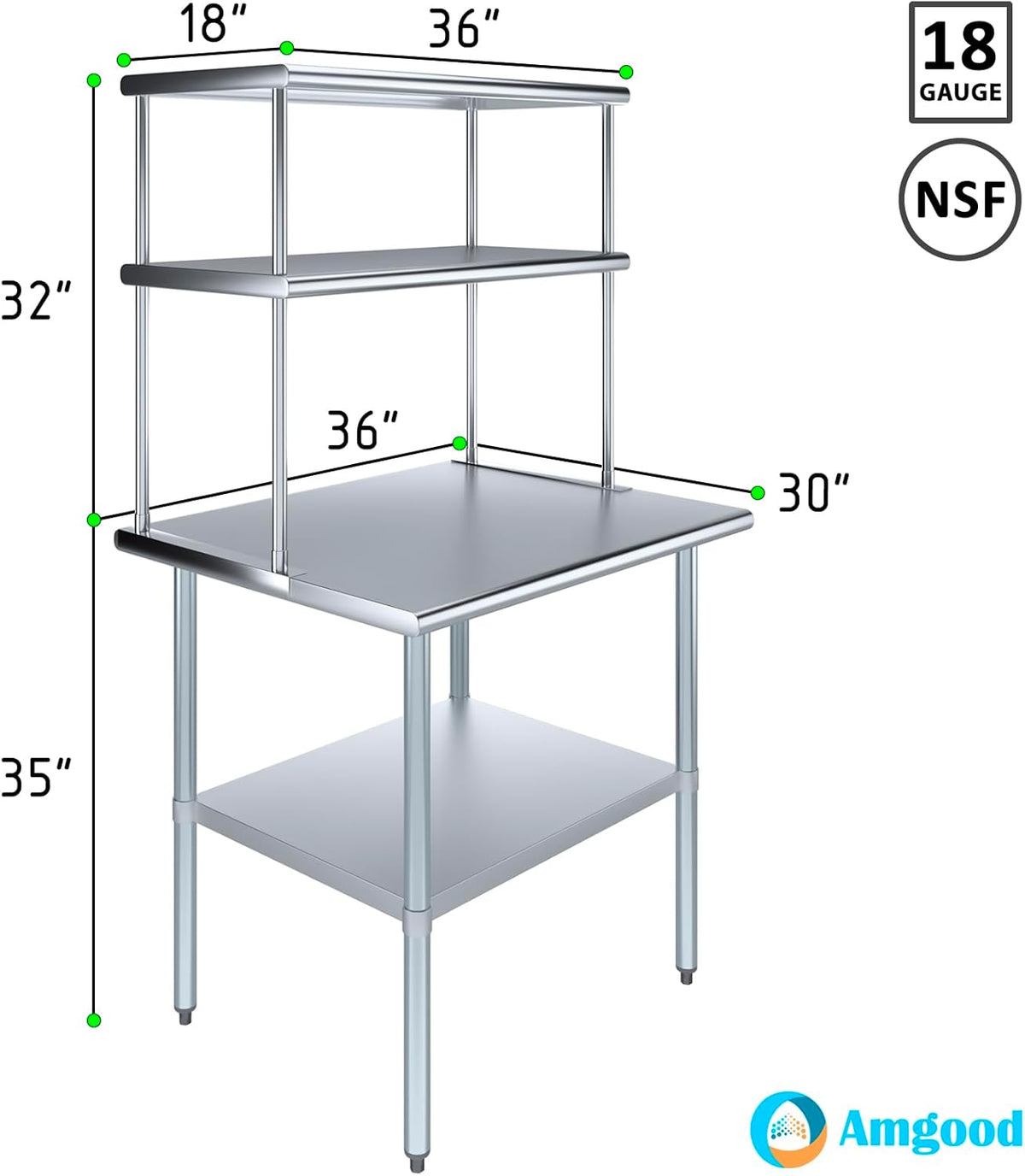 Amgood Stainless Steel Work Table Double Tier Overshelf | Metal Kitchen Prep Table & Shelving Combo (30" x 36" Work Table + 18" Overshelf)