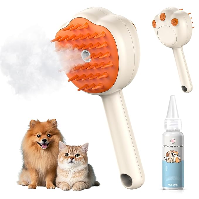 Steam Cat Brush, 6-in-1 Dog Brush Spritz Defur Comb with Pet Waterless Shampoo, Steamy Skin Friendly Deshedding Grooming Tool, Suitable for Shedding & Haired Pets, Pet Supplies Accessories, Yellow