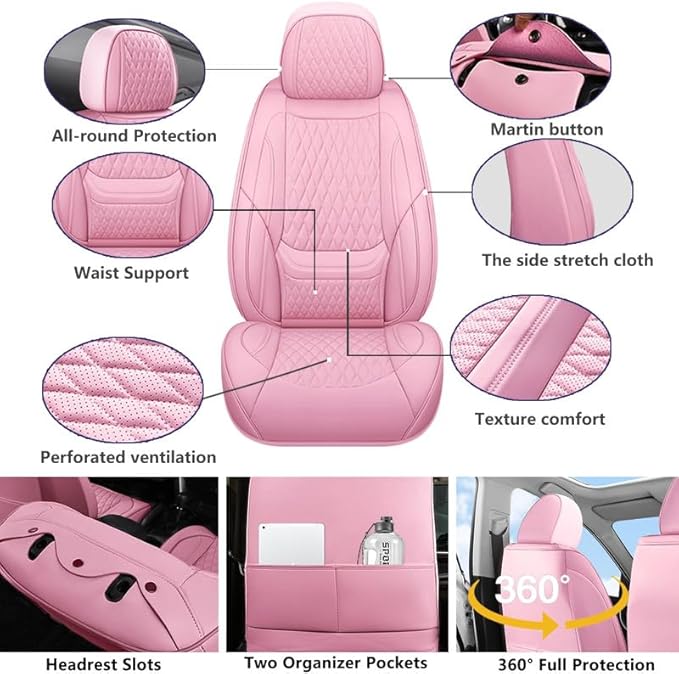 Car Seat Covers Full Set Custom Fit for Ford Bronco Sport 2021-2026 - Premium Faux Leather with Lumbar Support | Breathable, Waterproof, Anti-Slip, Durable (Pink,Full Set)
