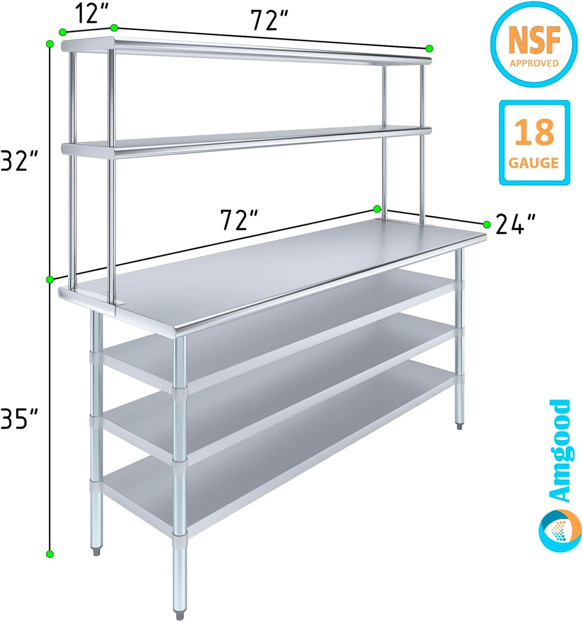 Amgood 24" x 72" Stainless Steel Work Table with 3 Shelves and 12" Wide Double Tier Overshelf | Metal Kitchen Prep Table & Shelving Combo | NSF
