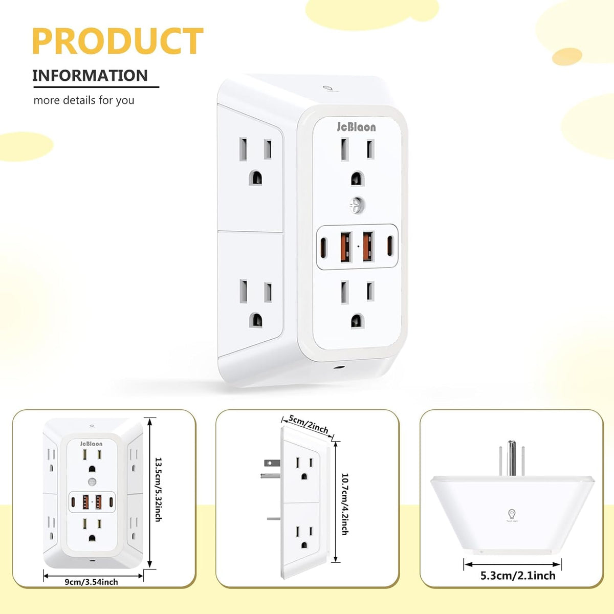 Wall Outlet Extender with Night Light, Power Plug Adapter Multi Plug Outlet Surge Protector with 4 USB Charging Ports (2 USB C), Adapter Spaced Outlets for Home Travel Office