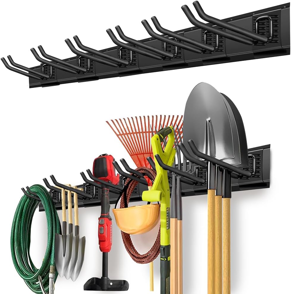 Garage Organization, Garage Wall Organizer with 48 inches Rails and 6 Hooks, Tool Organizers Heavy Duty, Shovel Holder Wall Mount Max Load 360 LBS, Sturdy Garden Tool Rack for Folding Chairs