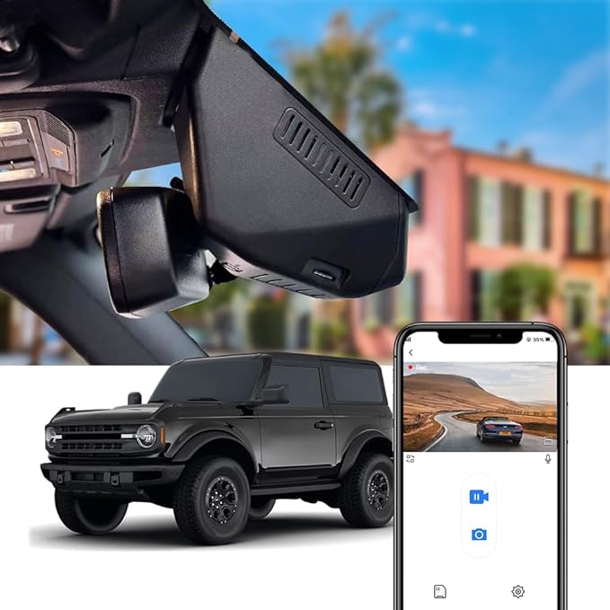 Fitcamx 4K Dash Cam Suitable for Ford Bronco 2021-2024 & Rapor (Not for Bronco Sport) HD2-14873, OEM Look, UHD 2160P Video, Built-in WiFi & APP, Loop Recording, G-Sensor, Plug & Play, 64GB Card