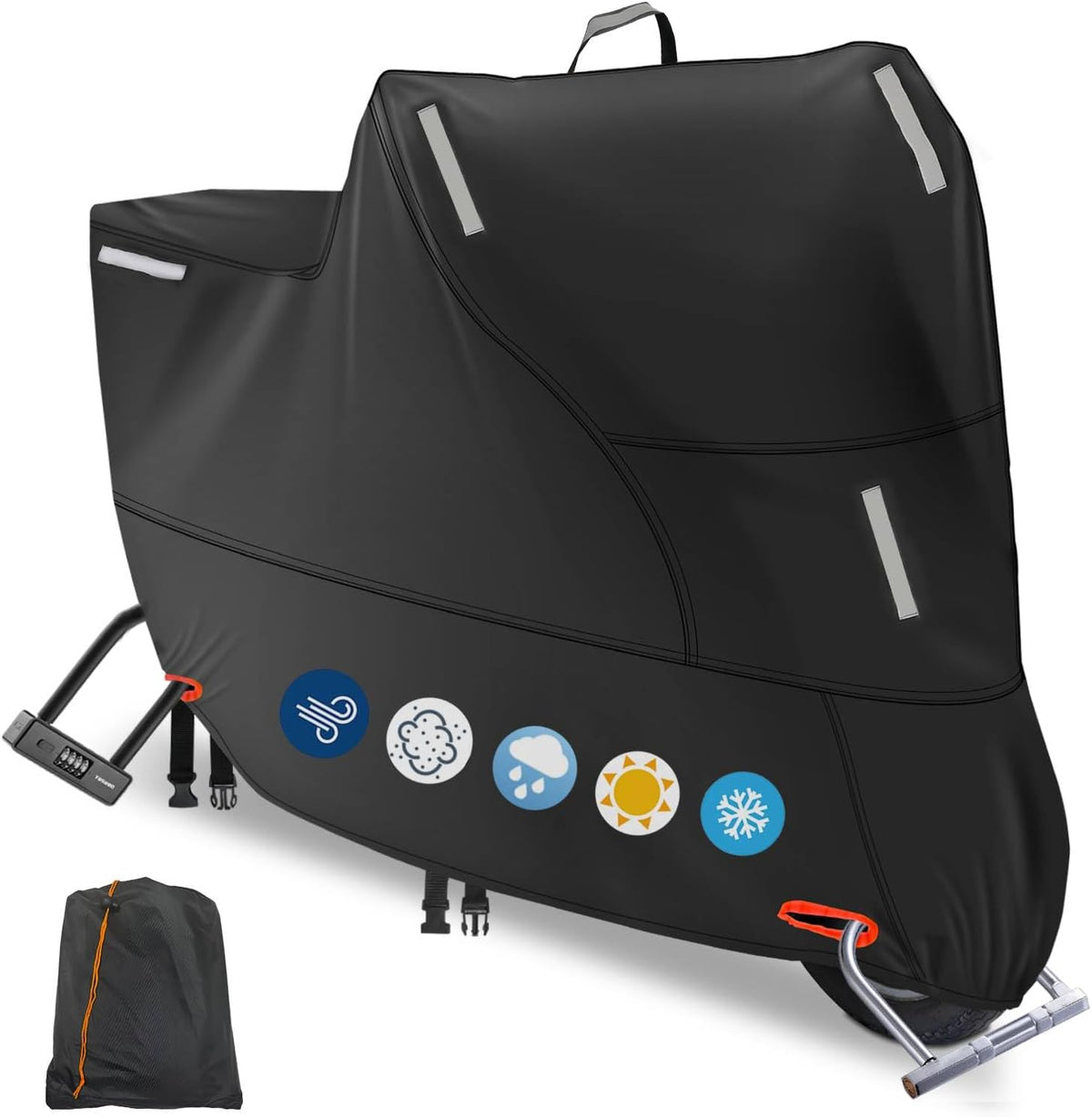 Motor Bike Cover Waterproof Outdoor, Motorbike Scooter Moped Cover Sun Rain Dust Protection with 5 Reflective Strips and 2 Fixed Buckles, 2 Lock-Holes for Most Motorcycles (L: 81x37x43 inch)