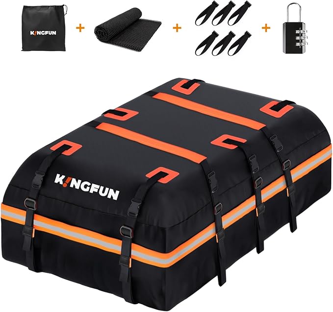 Kingfun Car Rooftop Cargo Carrier – Waterproof 20 Cubic Feet Car Roof Bag Fit All Vehicles with/Without Roof Racks, Includes Anti-Slip Mat, 8 Reinforced Straps & 6 Door Hooks, Luggage Locks