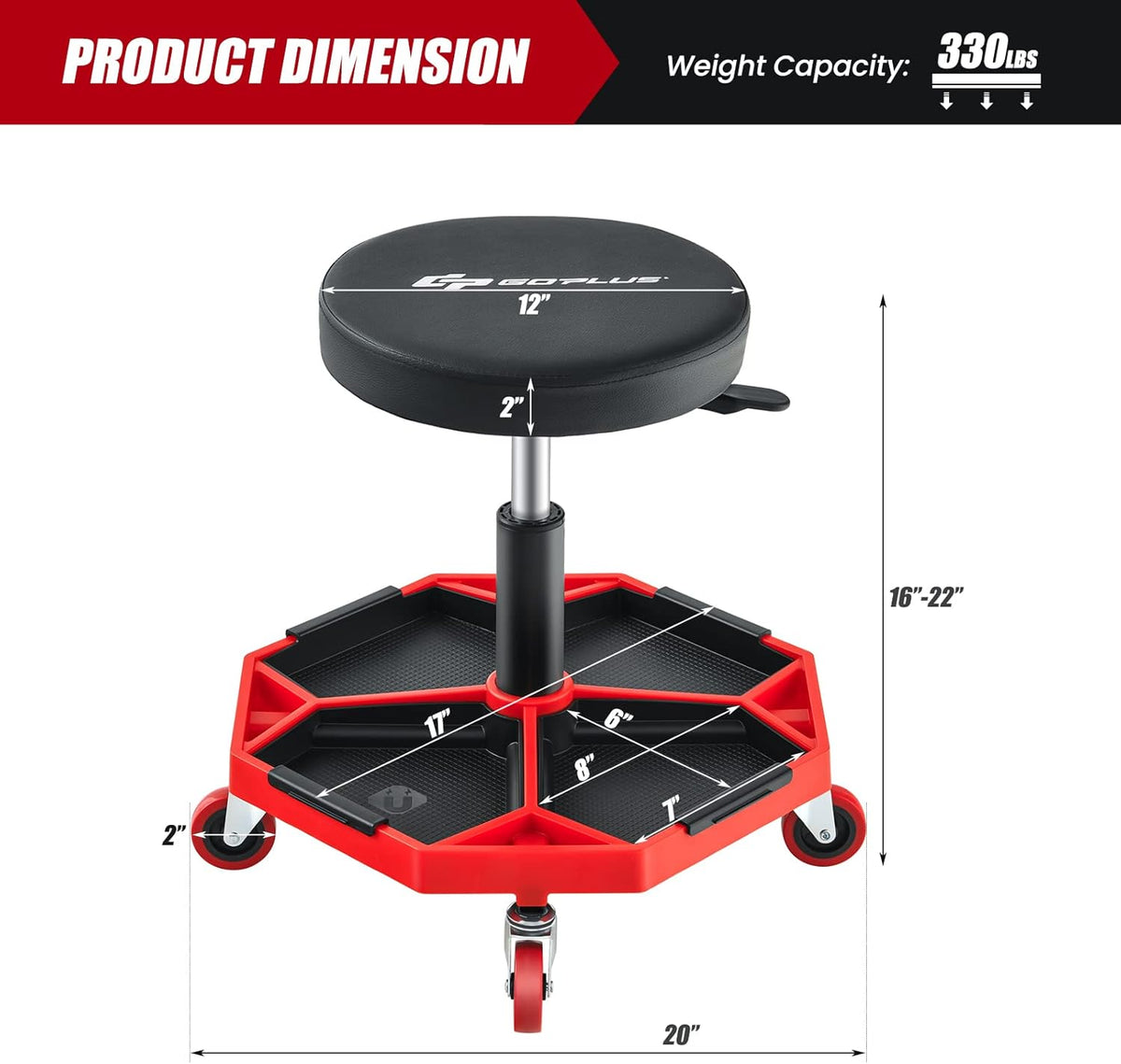 Goplus Garage Stool, 16”-22” Adjustable Rolling Mechanic Stool with Universal Wheels, Removable Magnetic Tool Tray, 2” Thick Padded Cushion, 330LBS Capacity, Roller Creeper Seat, Shop Chair
