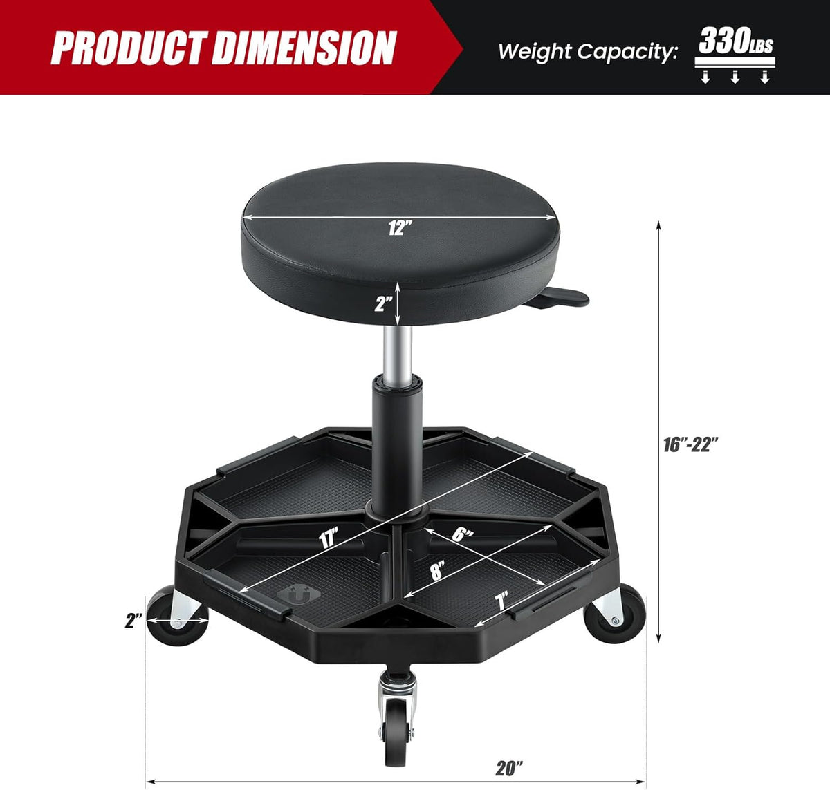 IRONMAX Rolling Mechanic Stool, Adjustable Shop Stool Creeper Seat with Removable Tool Tray, Padded Plush Cushion, Universal Wheels, Heavy Duty Metal Frame, 330 LBS Max Load (Black)