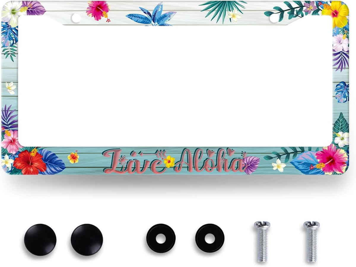 Aloha License Plate Frame Colorful Hibiscus Flowers License Plate Stainless Steel Funny Hawaii Accessories Cars Decor 12.2 X 6.2 Inch with 2 Holes and Screws Fits Standard Us Ca Vehicles