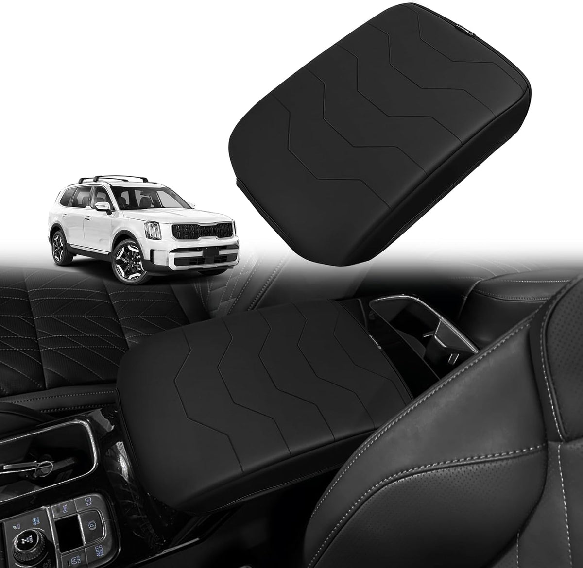 Muslogy Center Console Armrest Cover Compatible with 2020-2024 2025 Kia Telluride Comfort Armrest Pad Arm Rest Cushion Vegan Leather Protector Black Regular Thick