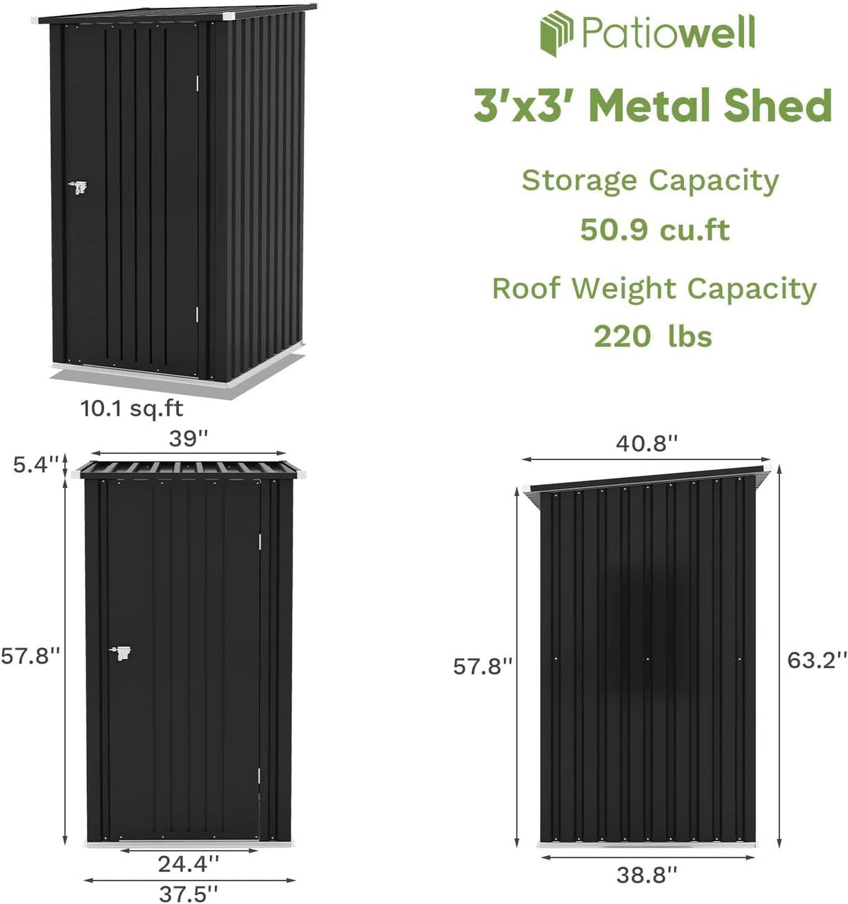 Patiowell 3 x 3 FT Outdoor Storage Shed,Small Garden Tool Storage Shed with Sloping Roof and Single Lockable Door, Outdoor Shed for Backyard Garden Patio Lawn, Black
