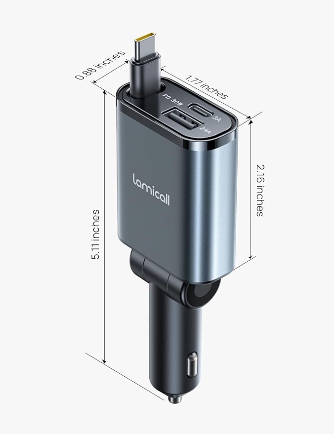 Lamicall Car Charger USB C Compatible with iPhone 17 16 15 Fast Charging [Ultra-Compact, 60% Less Space] 57w Type C Retractable Car Charger Fit Samsung Galaxy S25 S24 Ultra Pixel Android