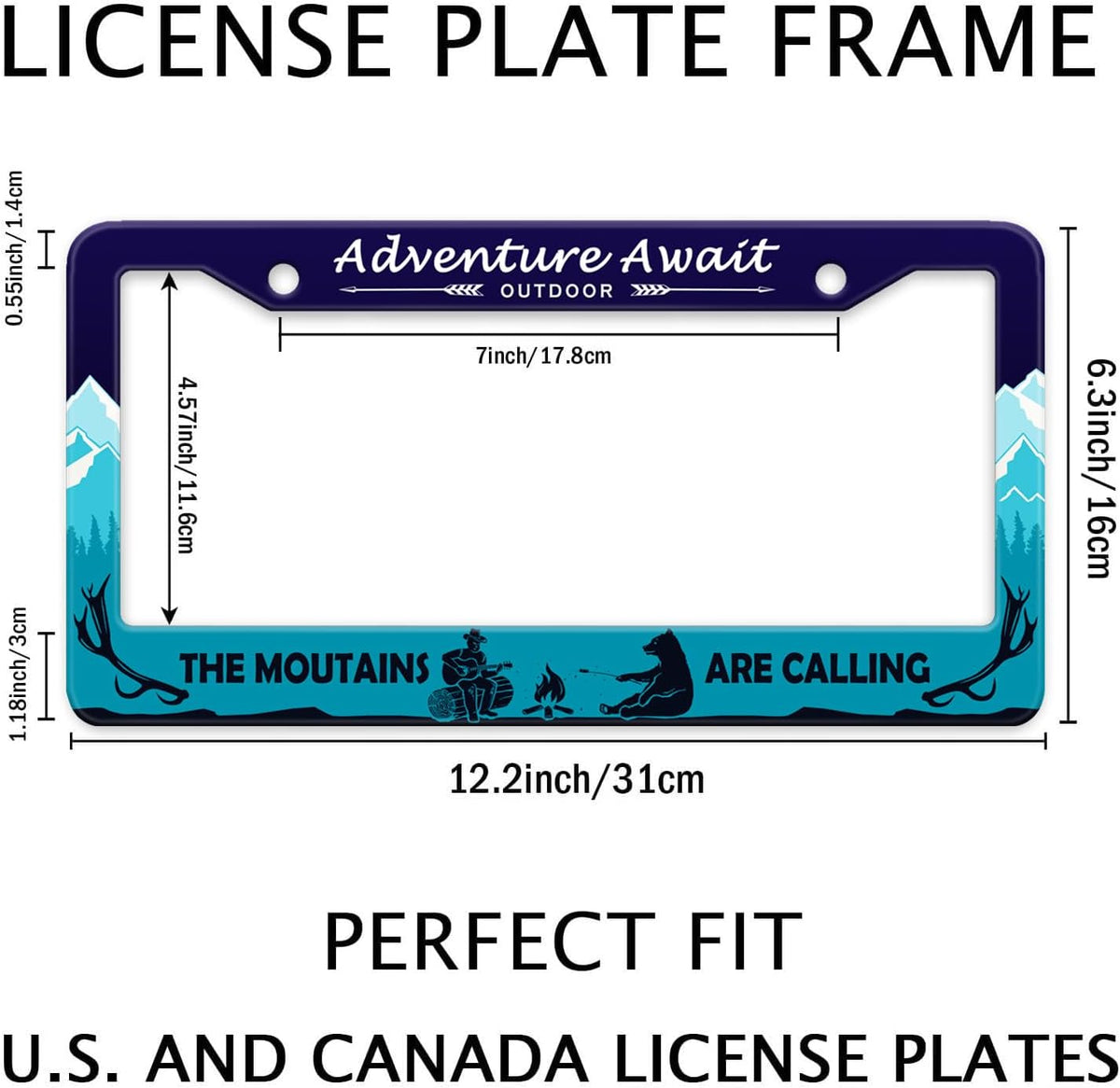 Adventure Await License Plate Frame, Mountains Forest Bear Outdoor License Plate Holder Cover, Metal Aluminum Rustproof Car Accessories for Men Women, Great Gift for Hiking Camping Enthusiasts