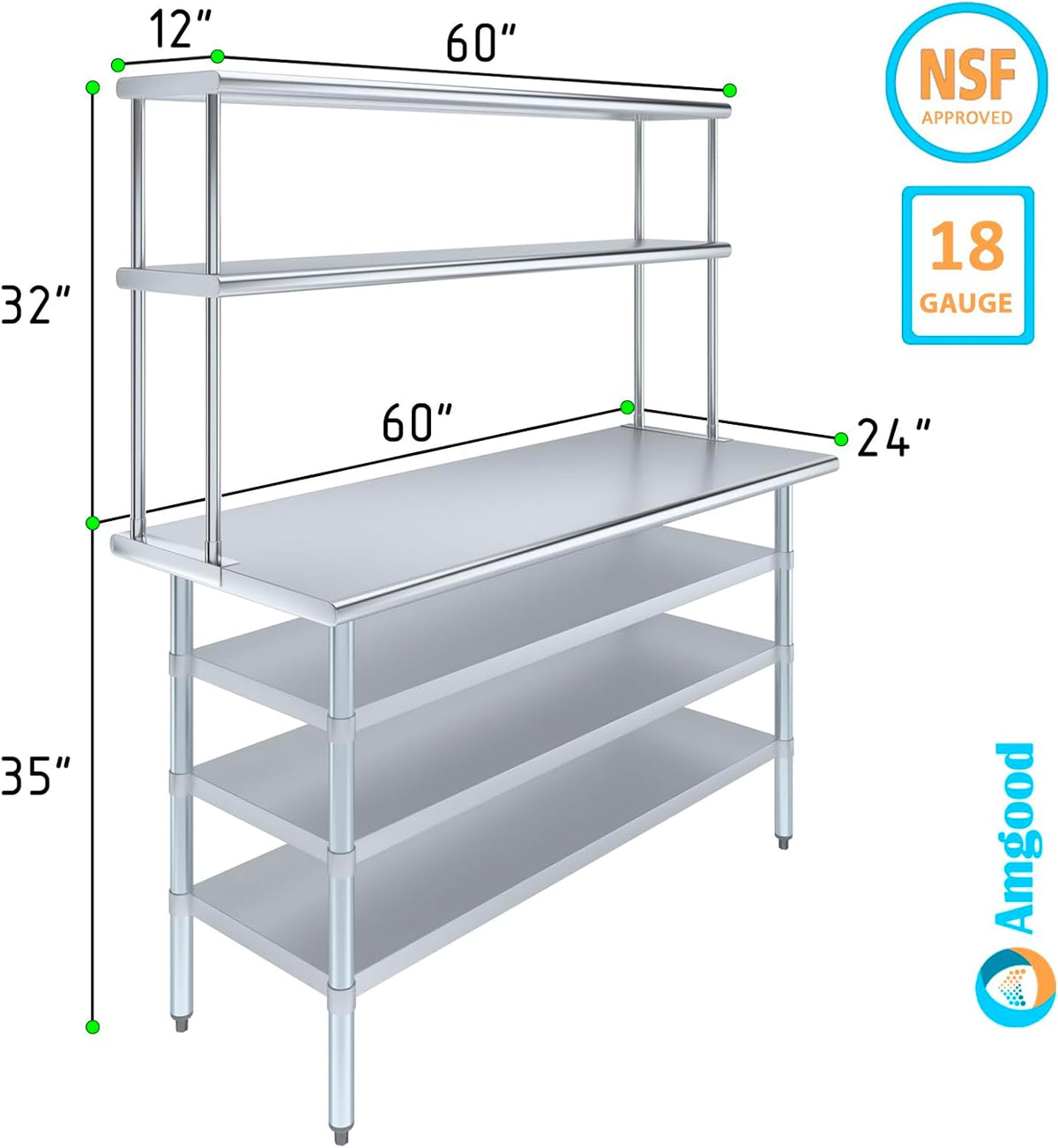 Amgood 24" x 60" Stainless Steel Work Table with 3 Shelves and 12" Wide Double Tier Overshelf | Metal Kitchen Prep Table & Shelving Combo | NSF