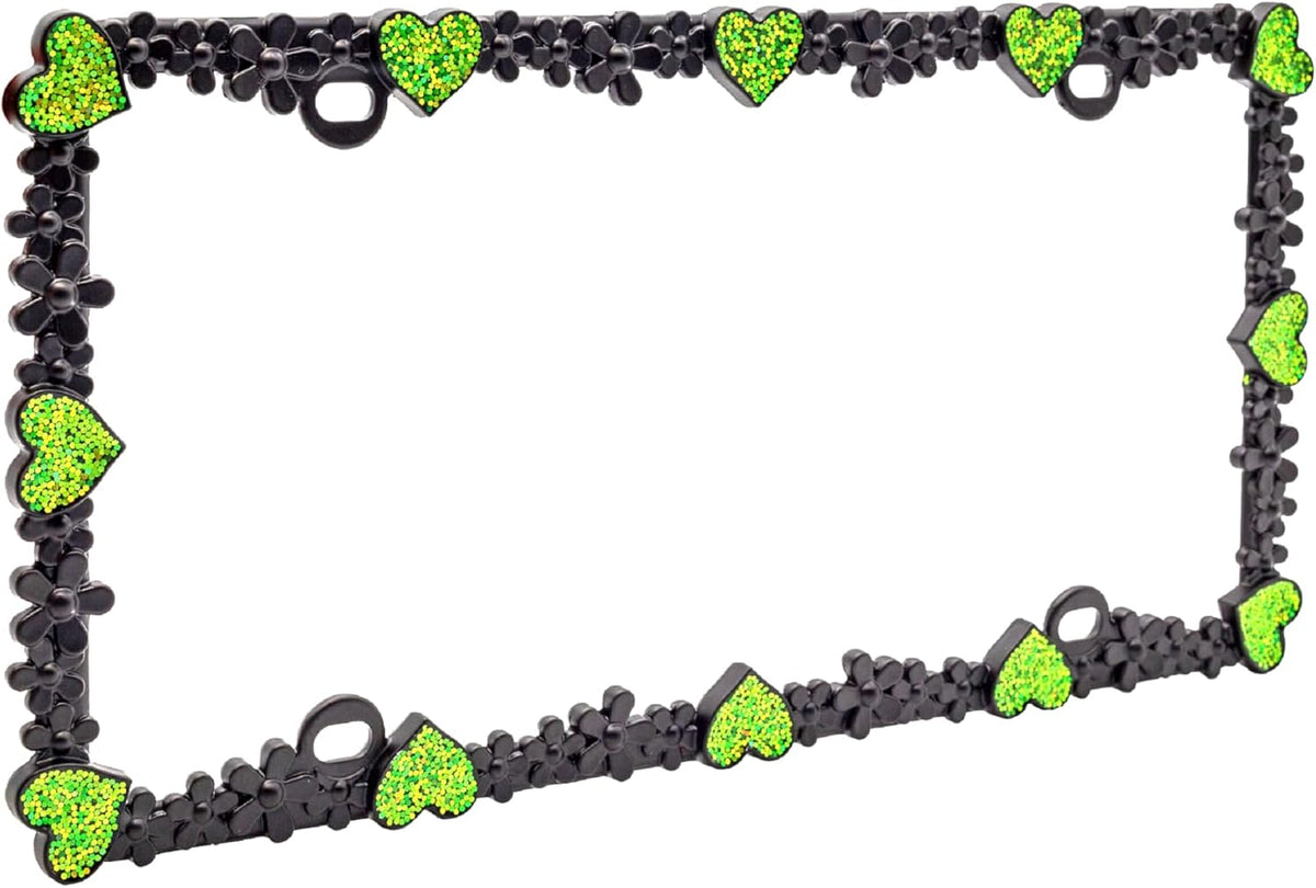 Creathome 3D Shining Daisy Heart License Plate Frame from Pure Zinc Alloy Metal Perfect Plate Holder, Matt Black with Green Glitter, Luminously Heart