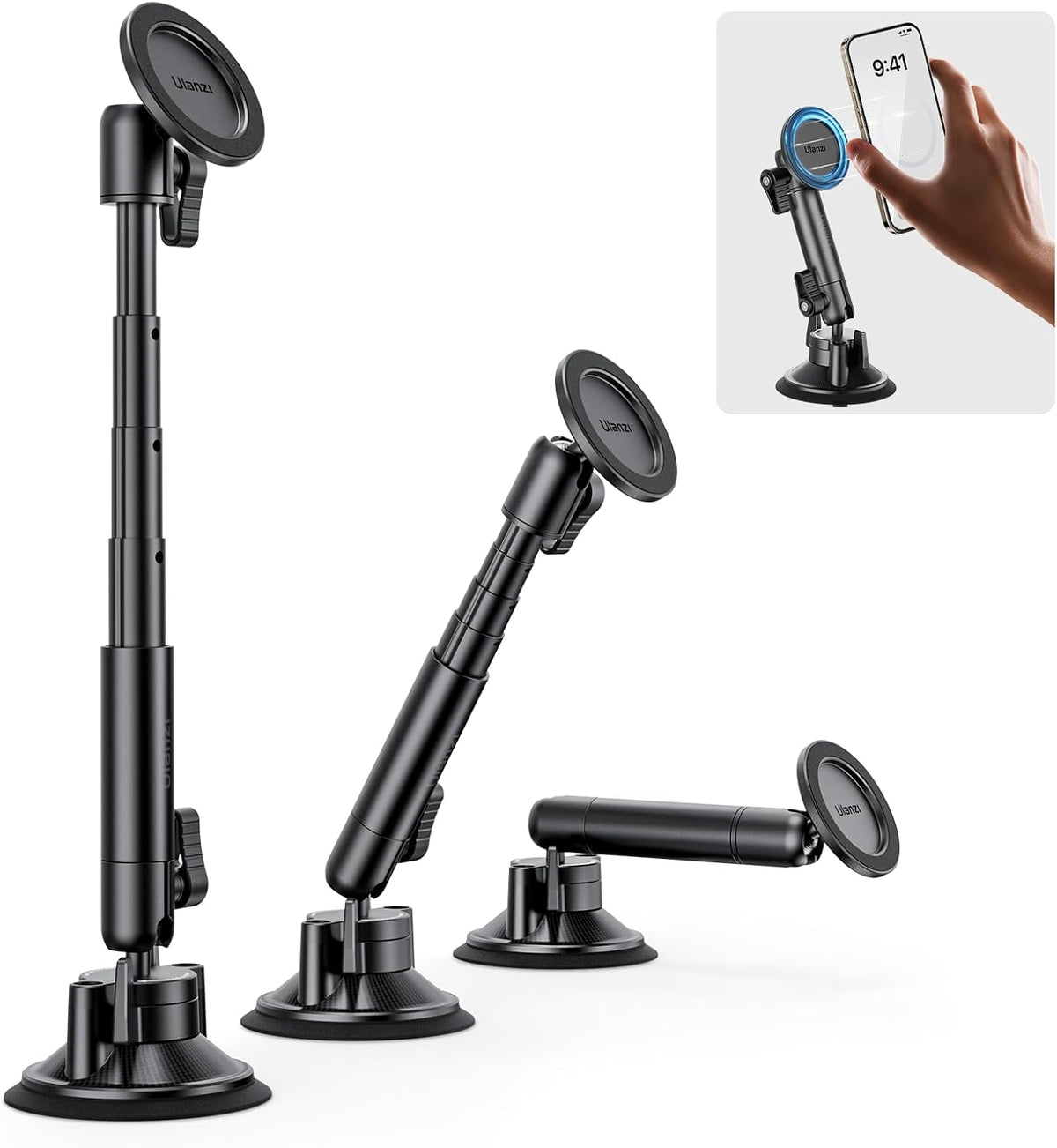 ULANZI ZJ06 Magnetic Suction Cup Mount Compatible with iPhone MagSafe Extendable Cellphone Stand Photo Video Filming Accessories Car Dashboard Windshield for iPhone 16 15 14 13 12