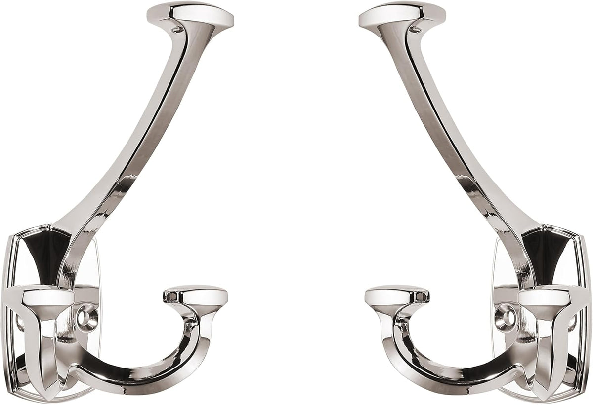 Large Wall Double-Sided Hook 2 Pack Polished Nickel Hook Decorative Heavy Duty Solid Large Coat Hooks for Towel Hanging Coats Robe Towel Bags Door Back 2 Prong Hooks
